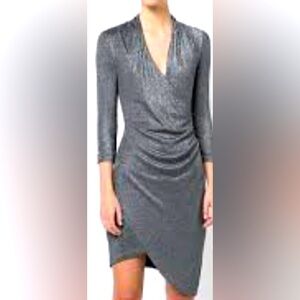 Nicole Miller Sparkle Faux Wrap Dress Medium Silver Christmas Holiday NYE Party